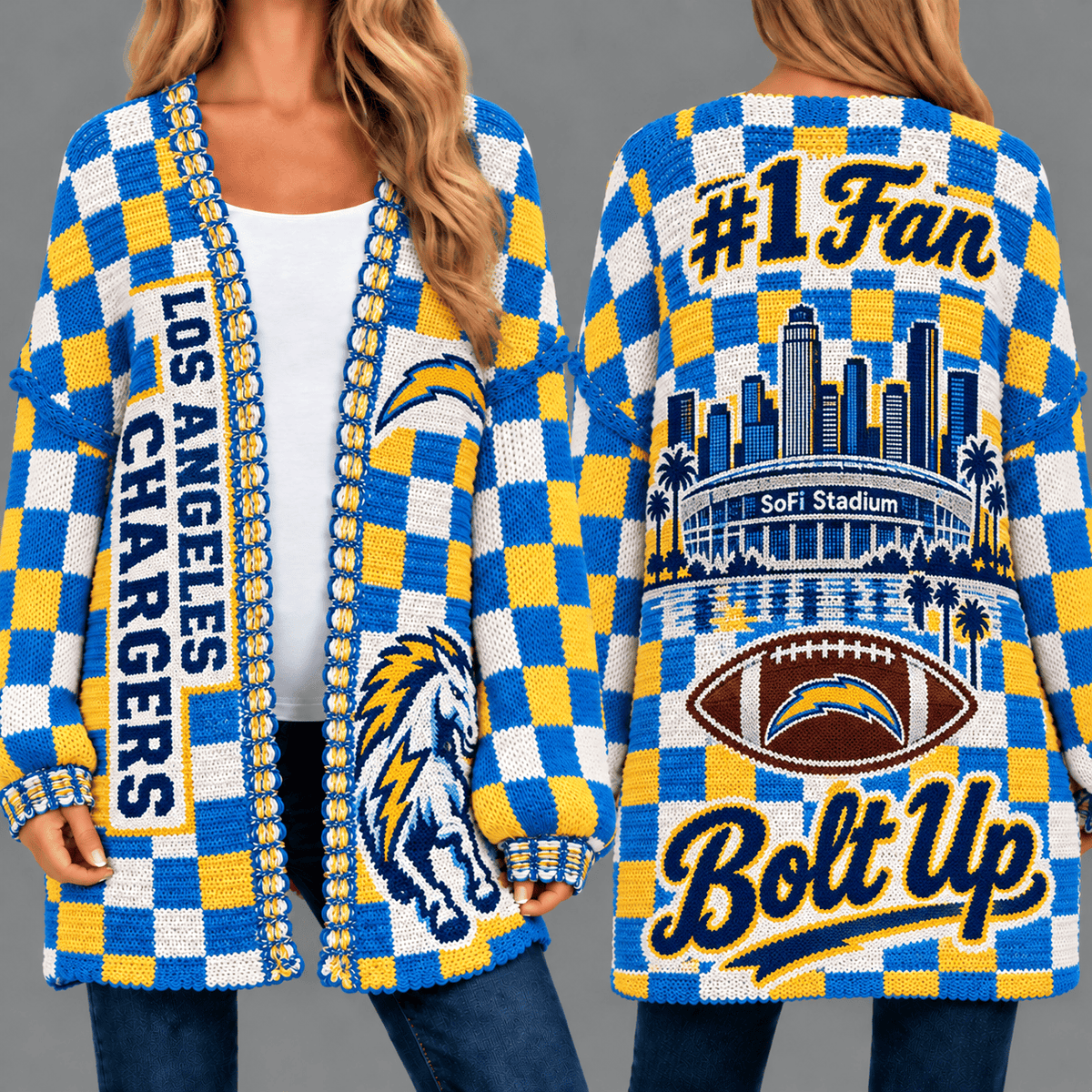 Los Angeles Chargers Football Checkered Knitted Cardigan