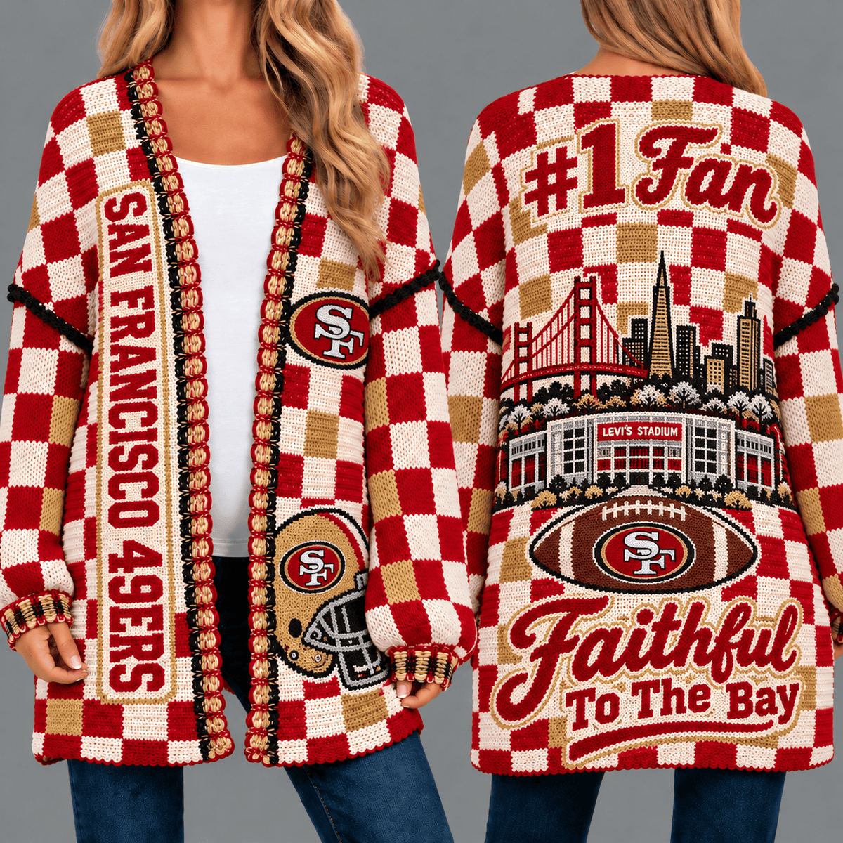 San Francisco 49ers Football Checkered Knitted Cardigan