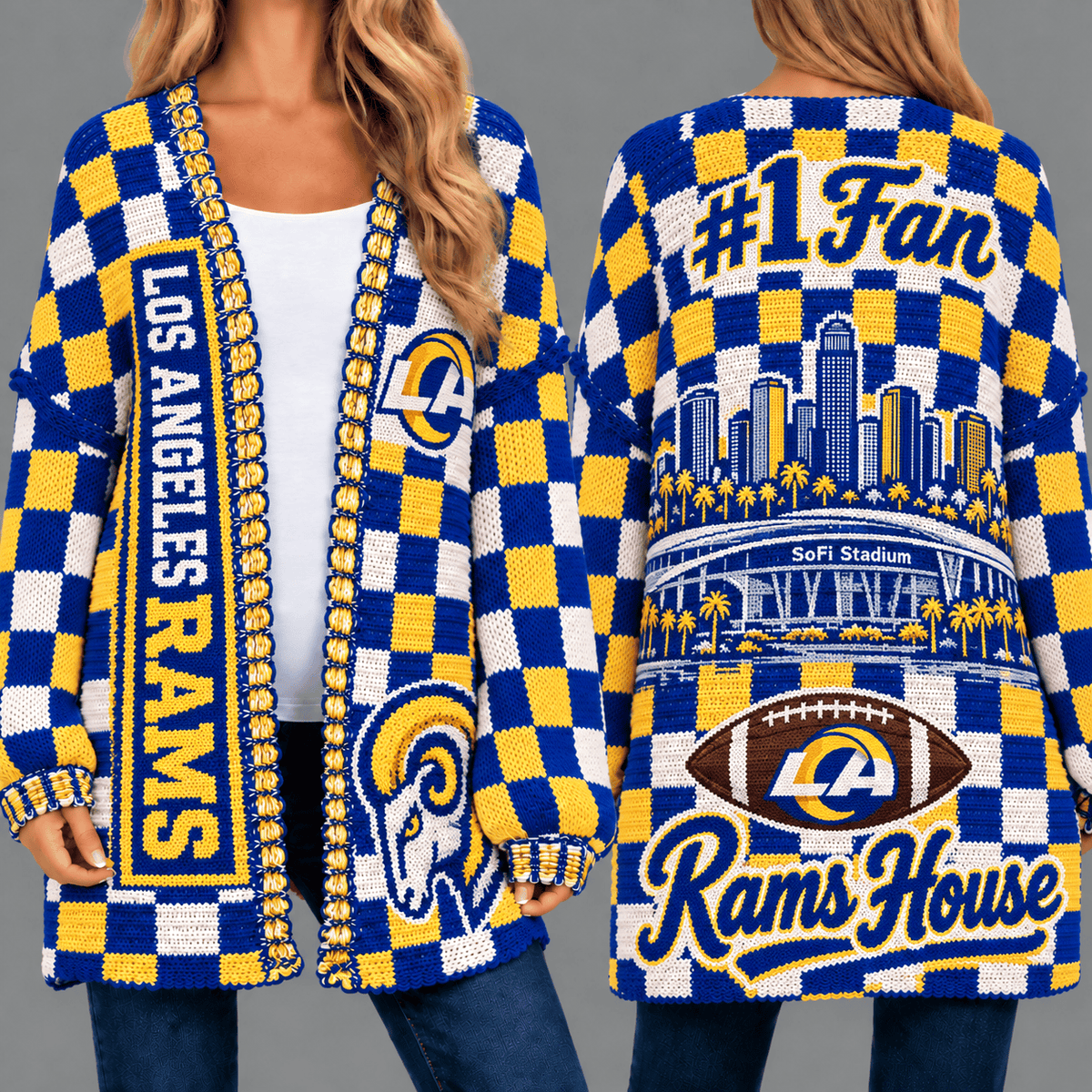 Los Angeles Rams Football Checkered Knitted Cardigan