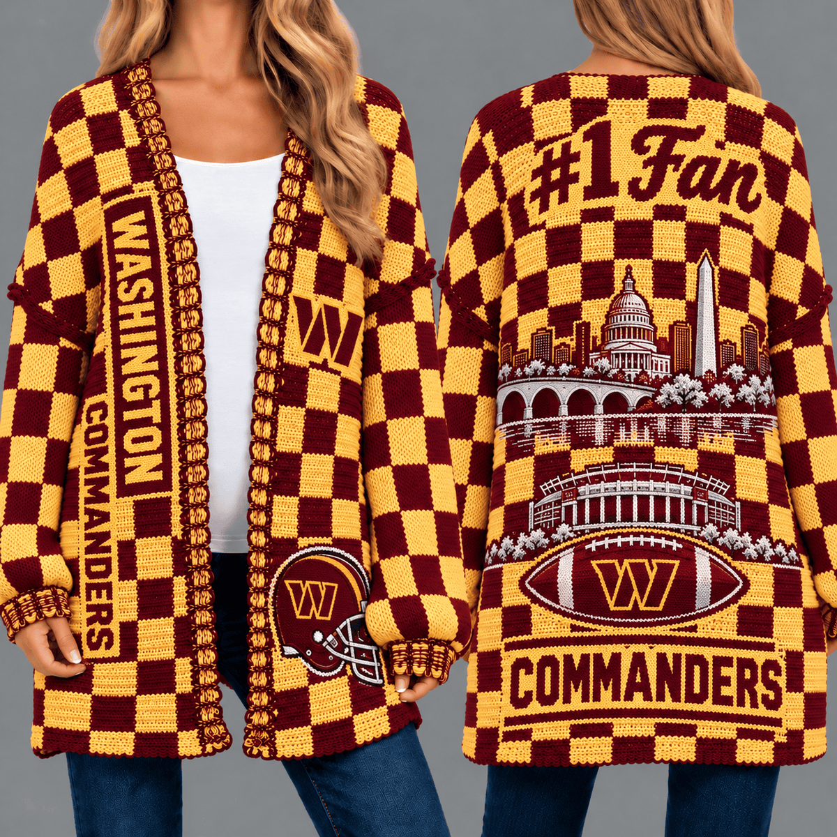 Washington Commanders Football Checkered Knitted Cardigan
