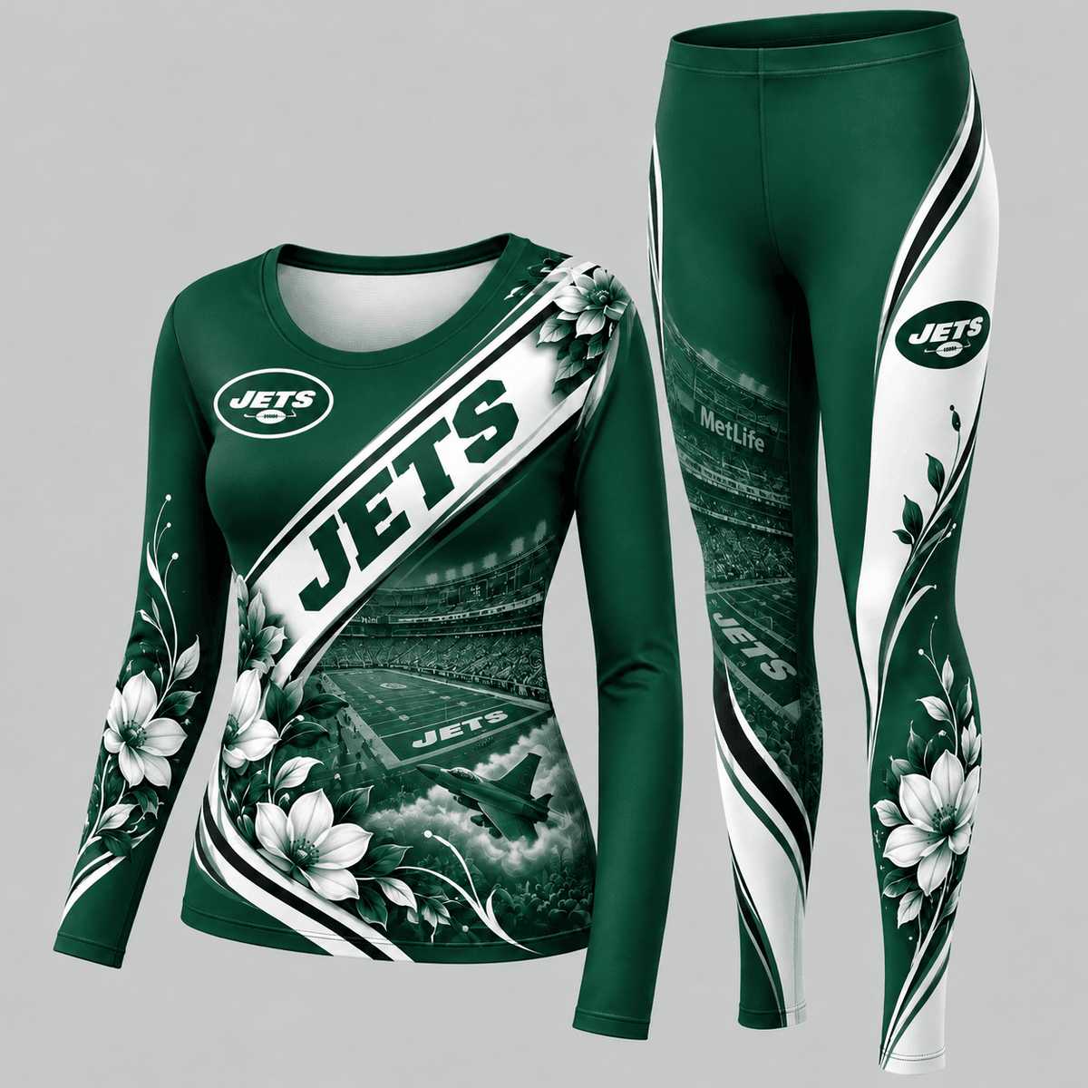 New York Jets Football Team Women's Long Sleeve Shirt & Leggings Set
