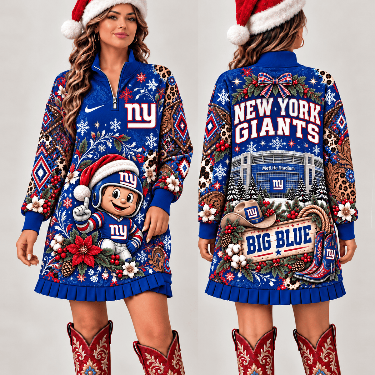 New York Giants Christmas Western Boho Sweatshirt Dress
