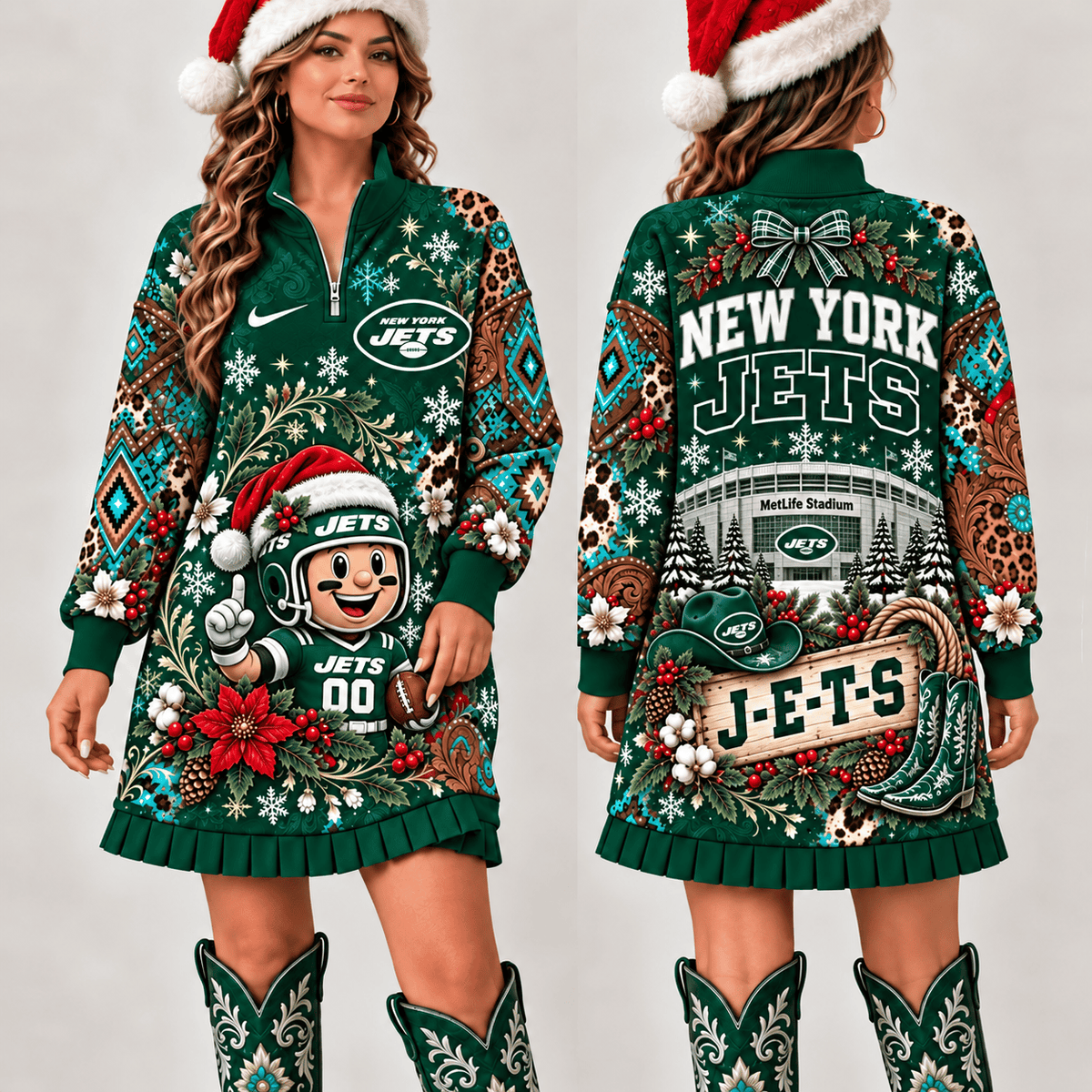 New York Jets Christmas Western Boho Sweatshirt Dress