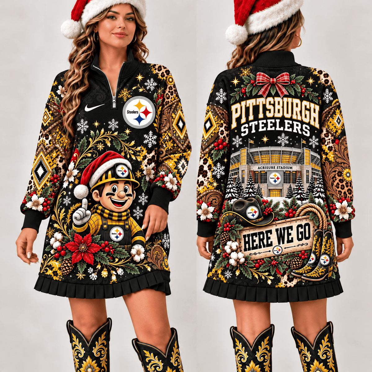 Pittsburgh Steelers Christmas Western Boho Sweatshirt Dress