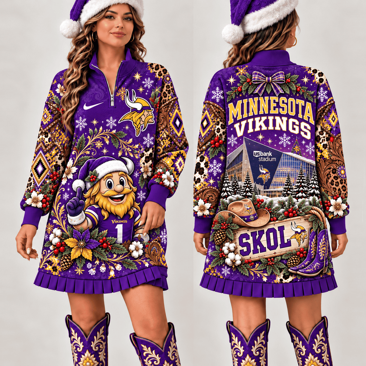 Minnesota Vikings Christmas Western Boho Sweatshirt Dress