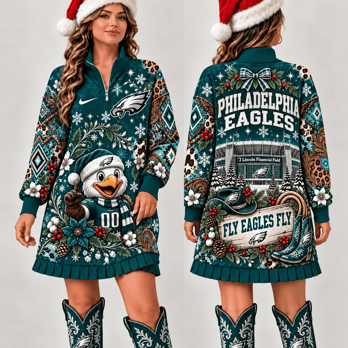Philadelphia Eagles Christmas Western Boho Sweatshirt Dress