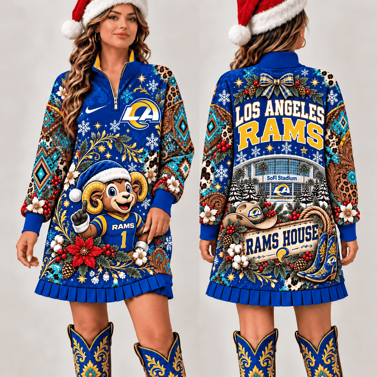 Los Angeles Rams Christmas Western Boho Sweatshirt Dress