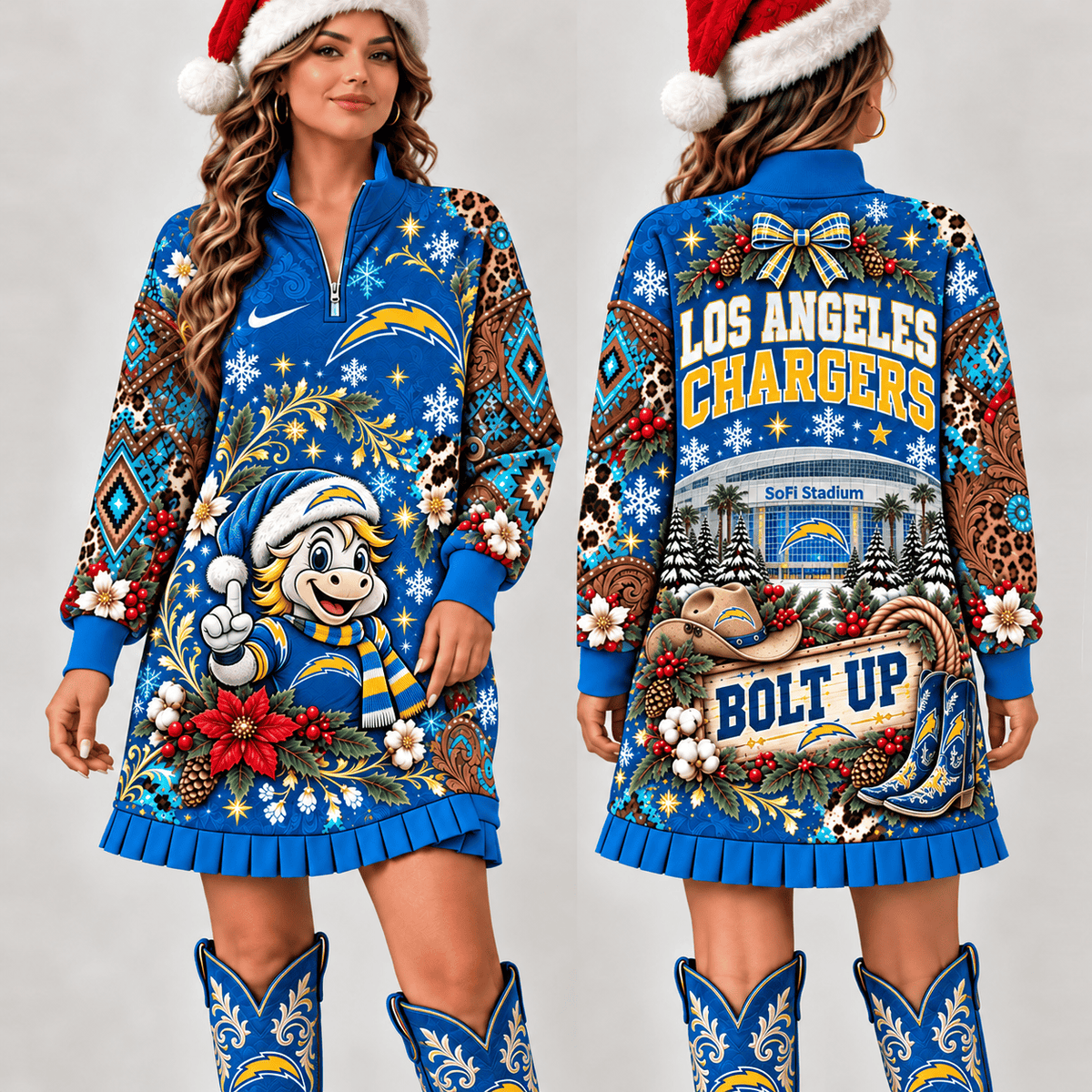 Los Angeles Chargers Christmas Western Boho Sweatshirt Dress