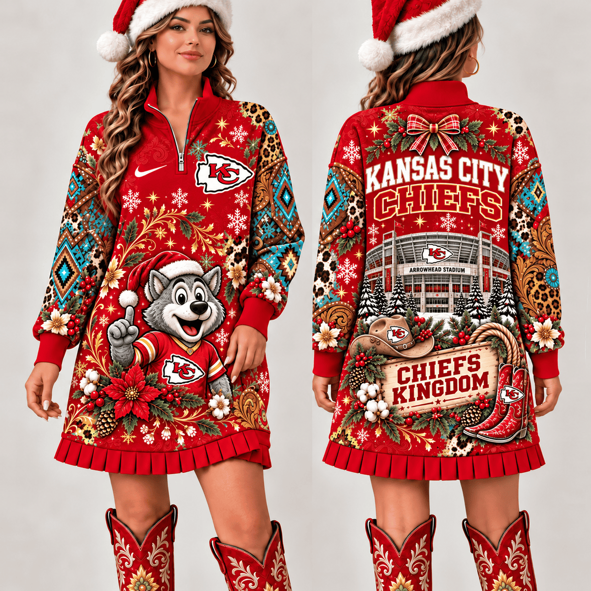 Kansas City Chiefs Christmas Western Boho Sweatshirt Dress