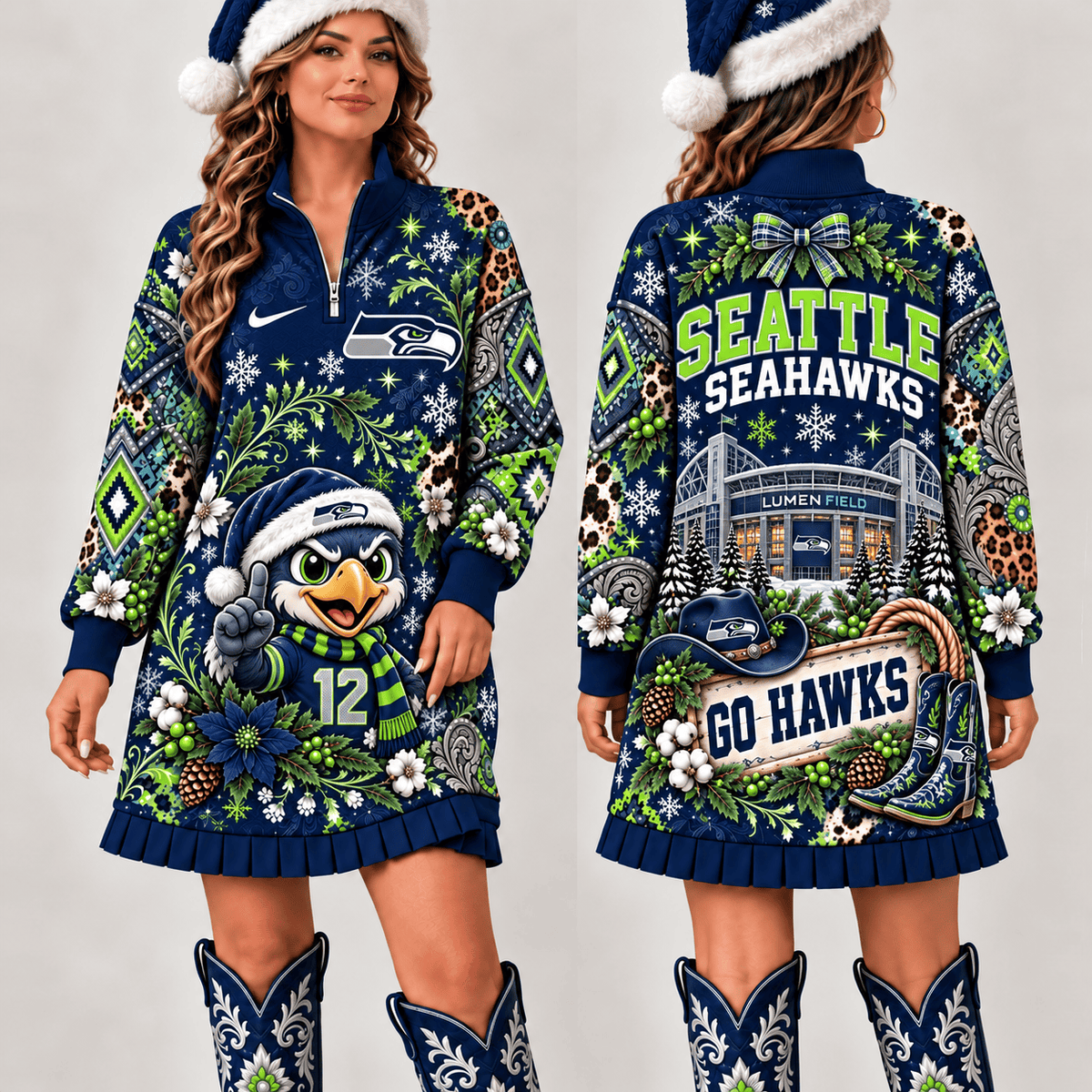 Seattle Seahawks Christmas Western Boho Sweatshirt Dress