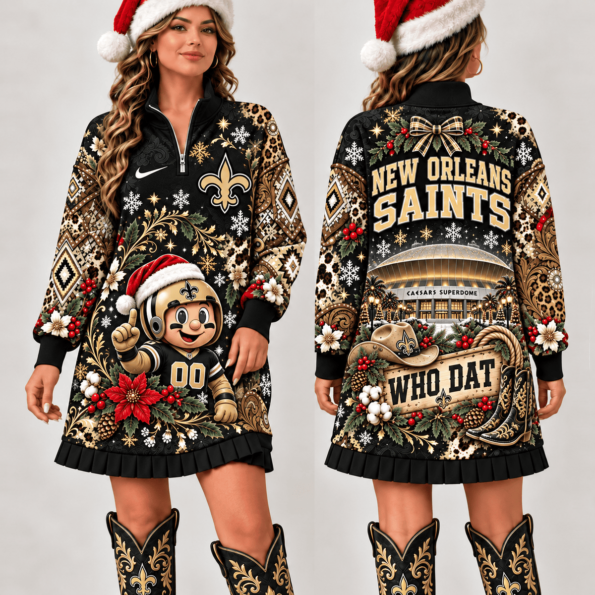 New Orleans Saints Christmas Western Boho Sweatshirt Dress
