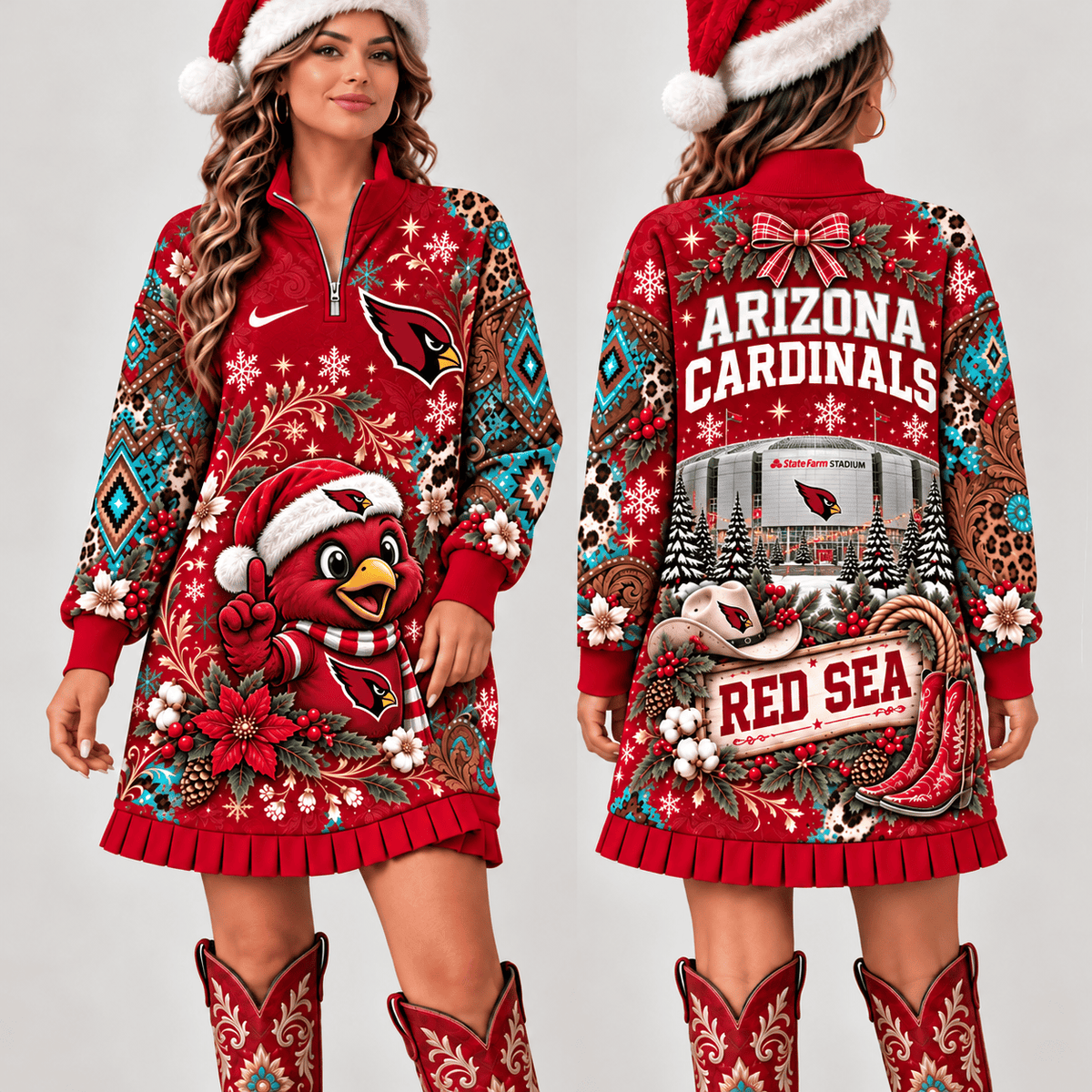 Arizona Cardinals Christmas Western Boho Sweatshirt Dress