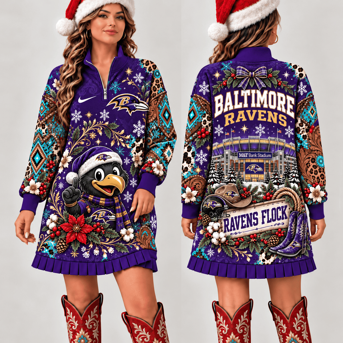 Baltimore Ravens Christmas Western Boho Sweatshirt Dress