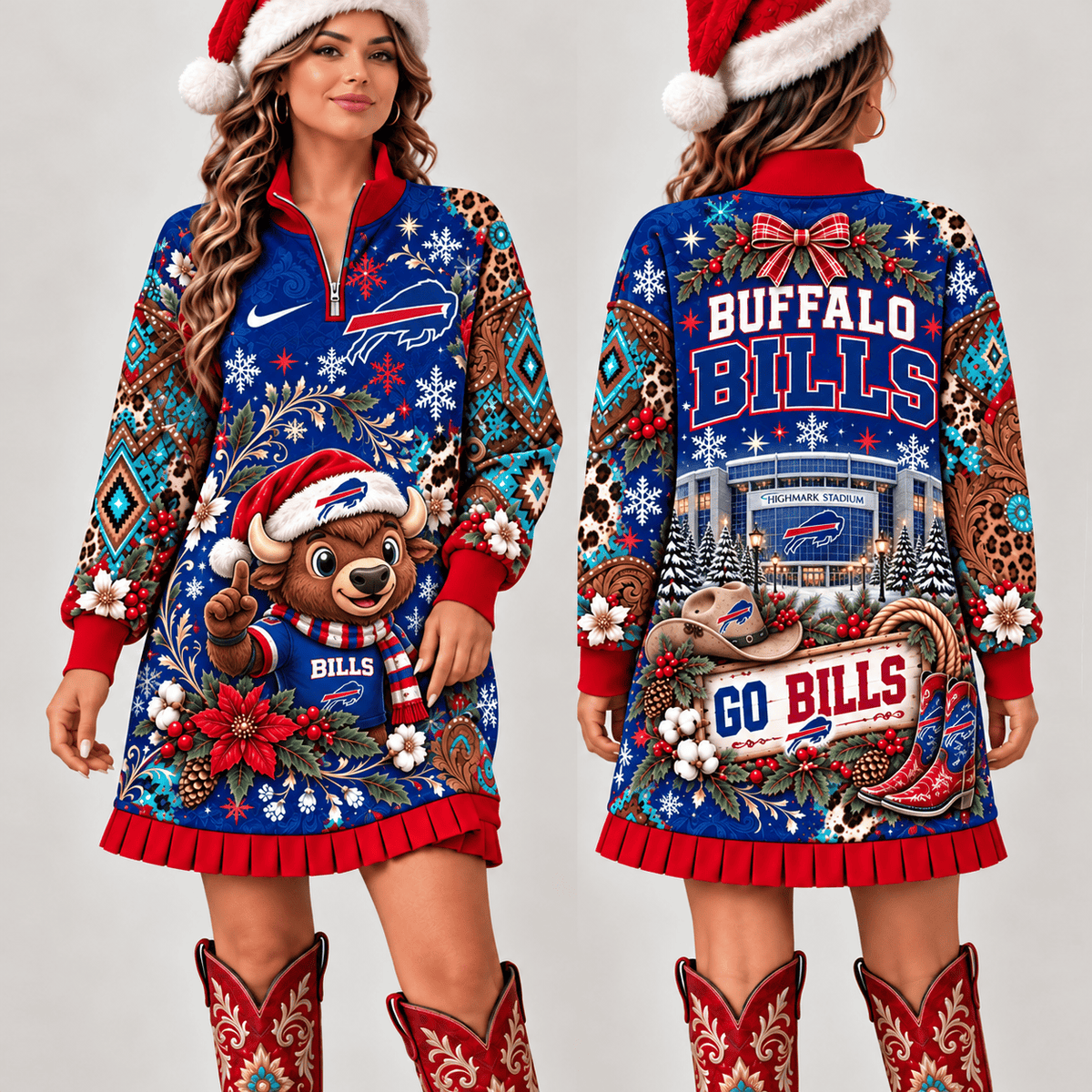 Buffalo Bills Christmas Western Boho Sweatshirt Dress