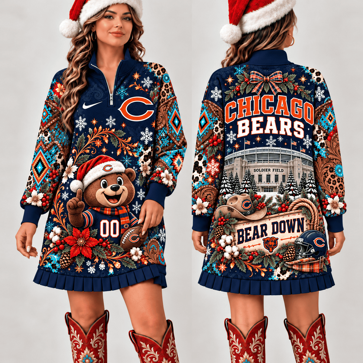 Chicago Bears Christmas Western Boho Sweatshirt Dress