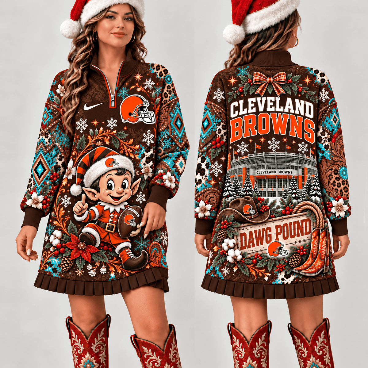 Cleveland Browns Christmas Western Boho Sweatshirt Dress