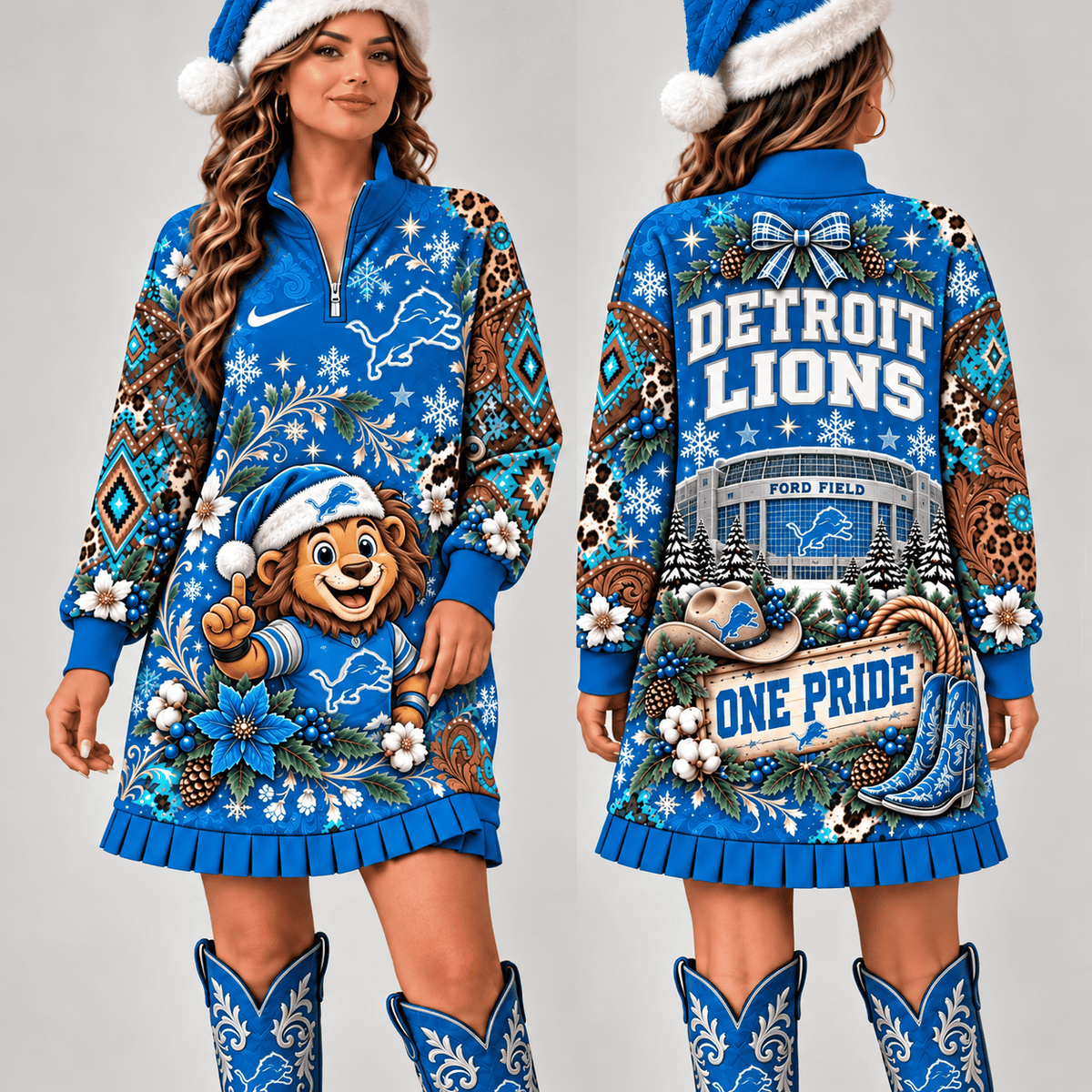 Detroit Lions Christmas Western Boho Sweatshirt Dress