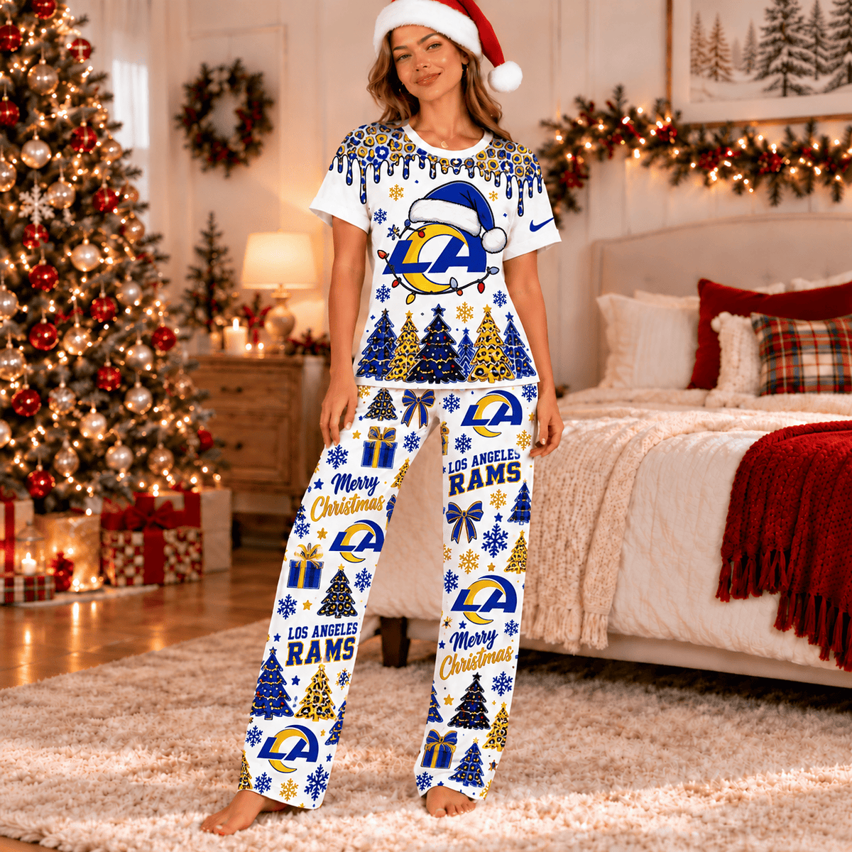 Los Angeles Rams Christmas Leopard Drip T-Shirt and Pants Set