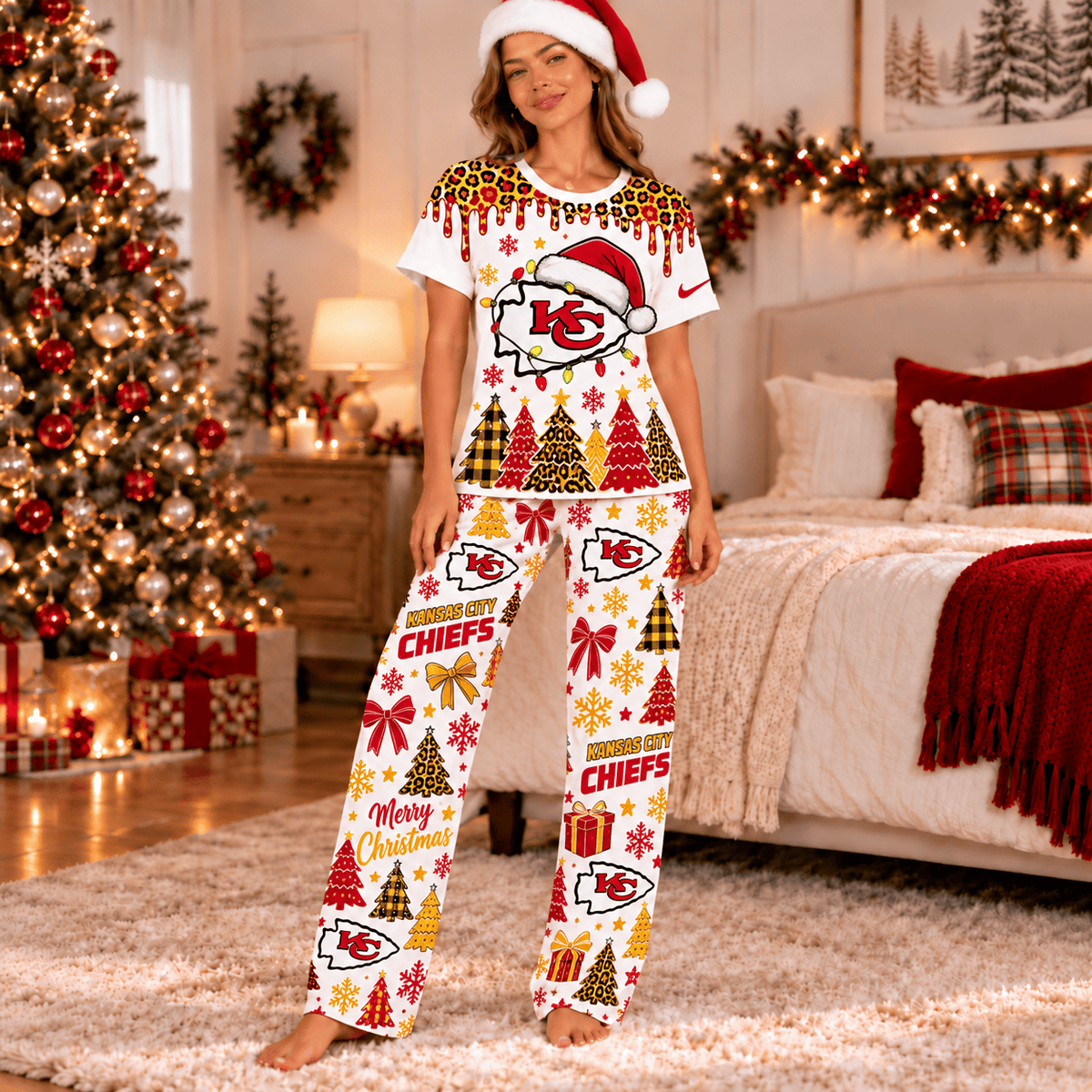 Kansas City Chiefs Christmas Leopard Drip T-Shirt and Pants Set