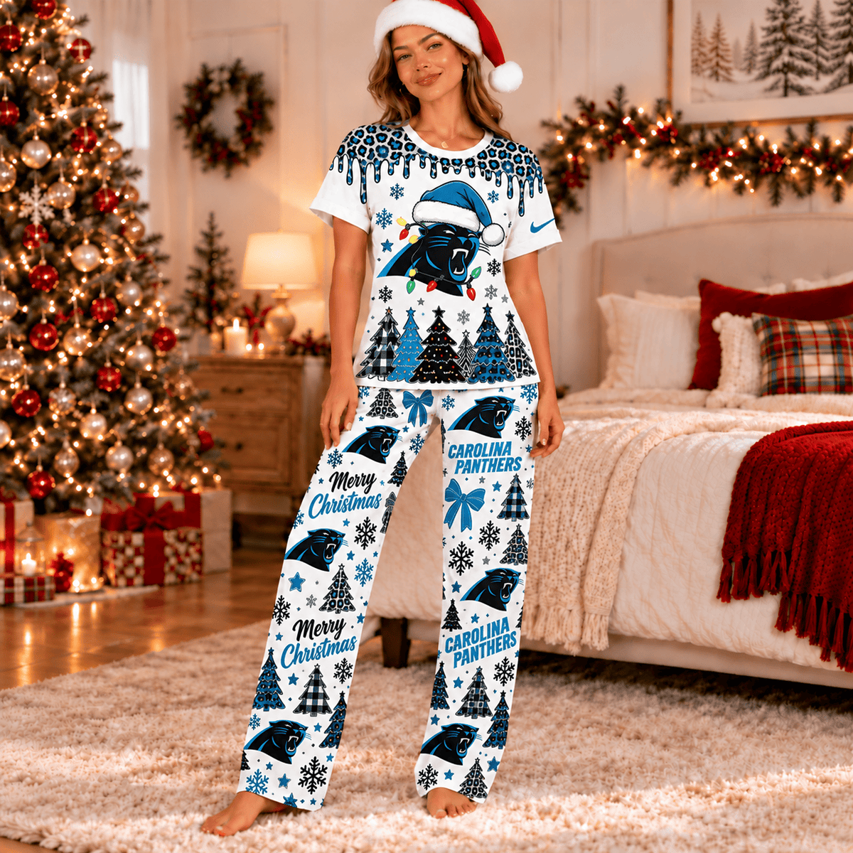 Carolina Panthers Christmas Leopard Drip T-Shirt and Pants Set