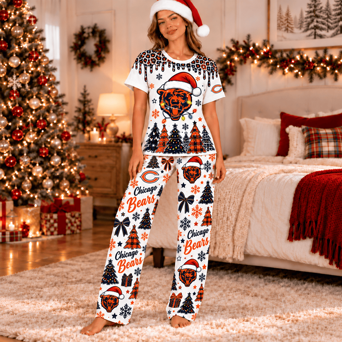 Chicago Bears Christmas Leopard Drip T-Shirt and Pants Set
