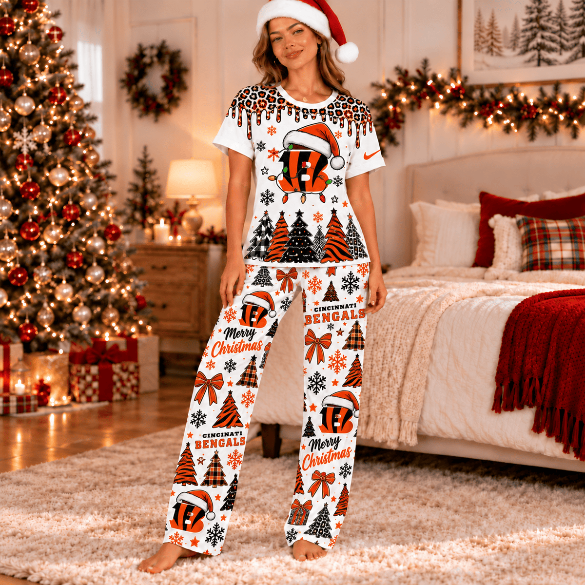 Cincinnati Bengals Christmas Leopard Drip T-Shirt and Pants Set
