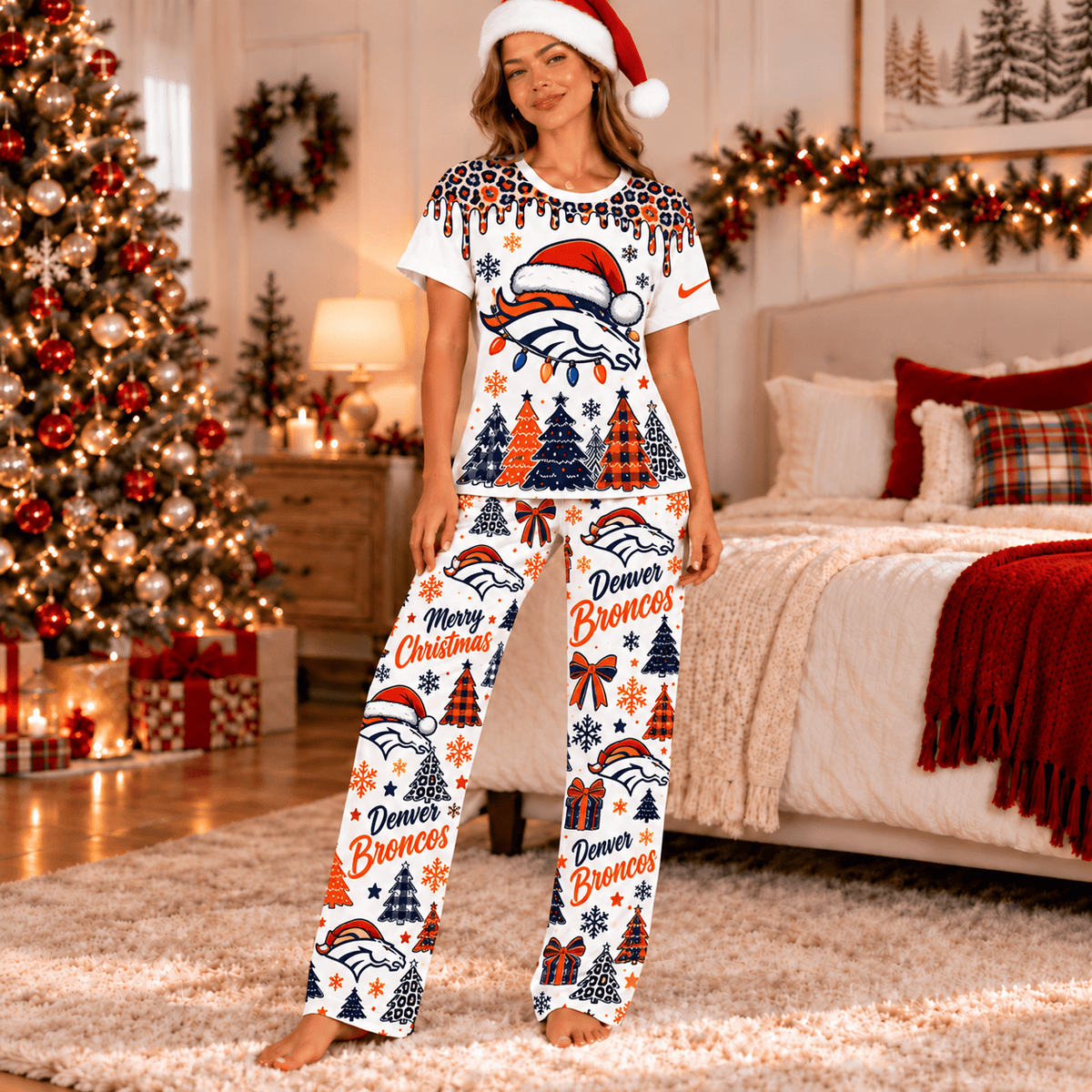 Denver Broncos Christmas Leopard Drip T-Shirt and Pants Set