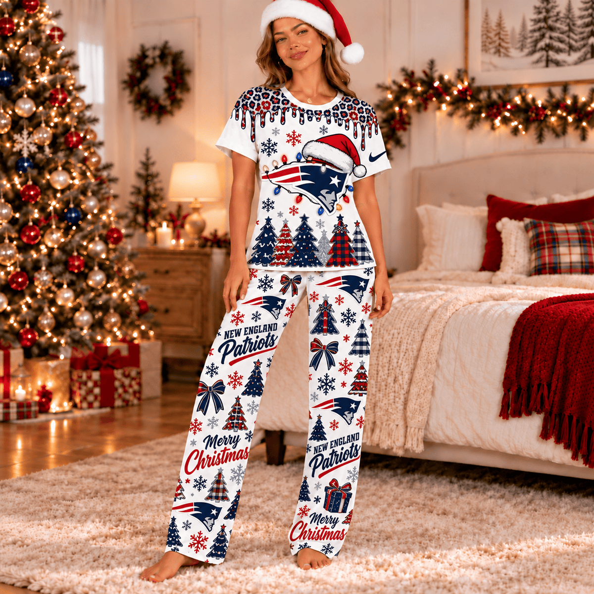 New England Patriots Christmas Leopard Drip T-Shirt and Pants Set