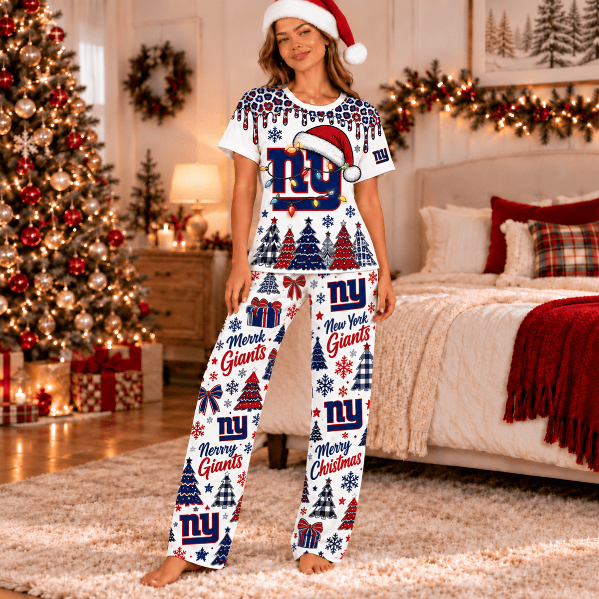 New York Giants Christmas Leopard Drip T-Shirt and Pants Set
