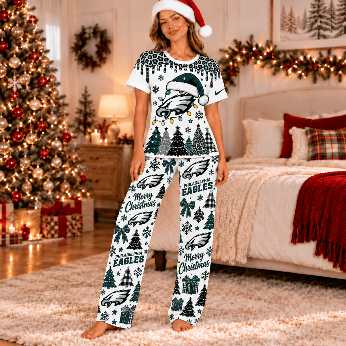 Philadelphia Eagles Christmas Leopard Drip T-Shirt and Pants Set