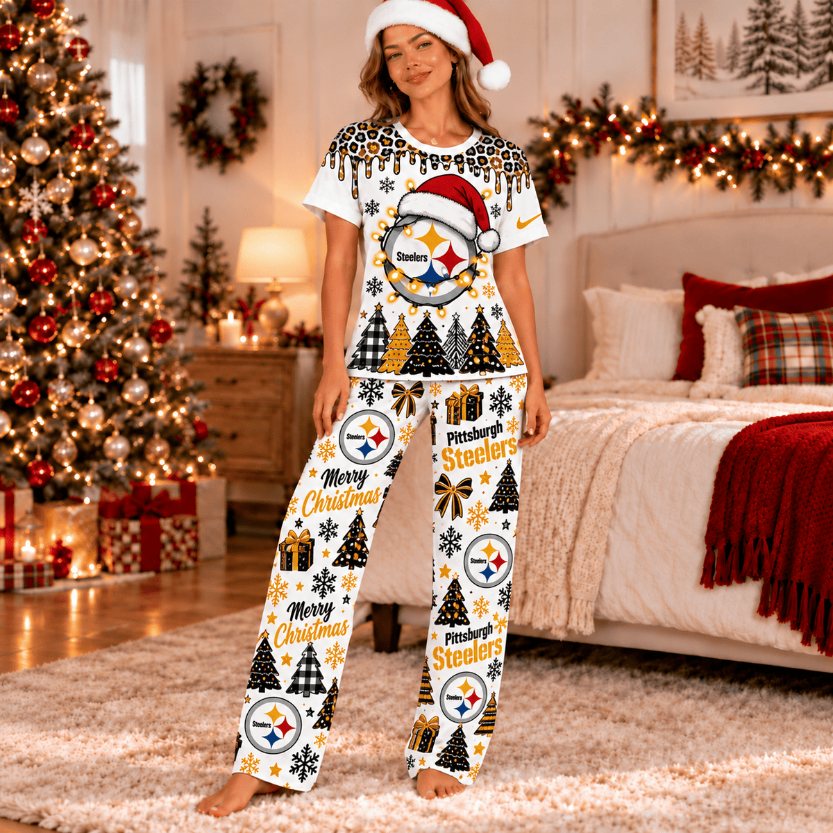 Pittsburgh Steelers Christmas Leopard Drip T-Shirt and Pants Set