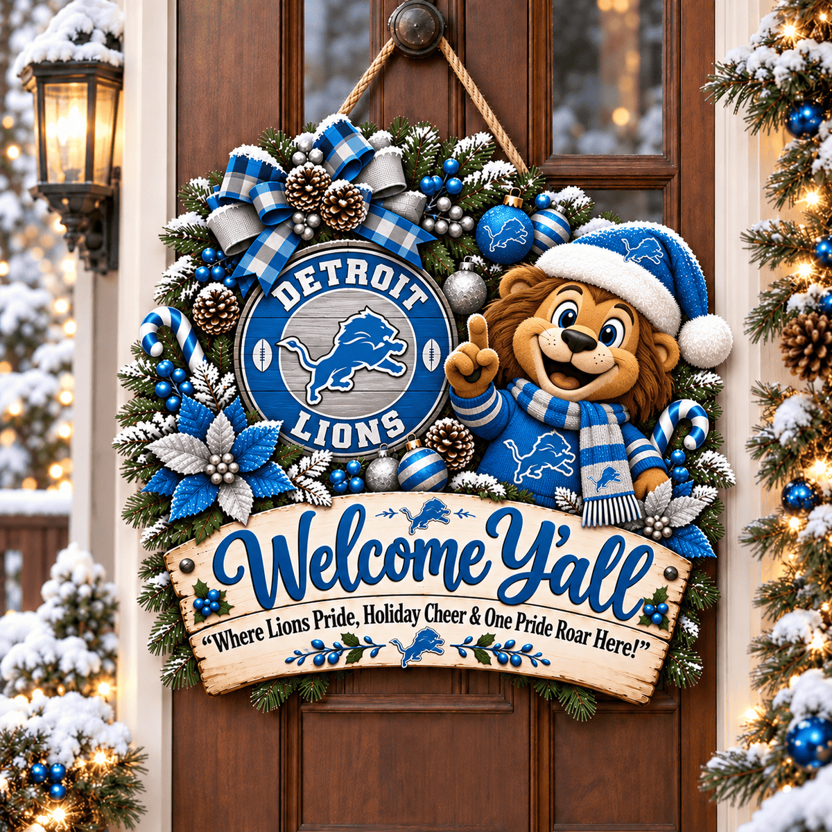 Detroit Lions Mascot Christmas Welcome Door Hanger