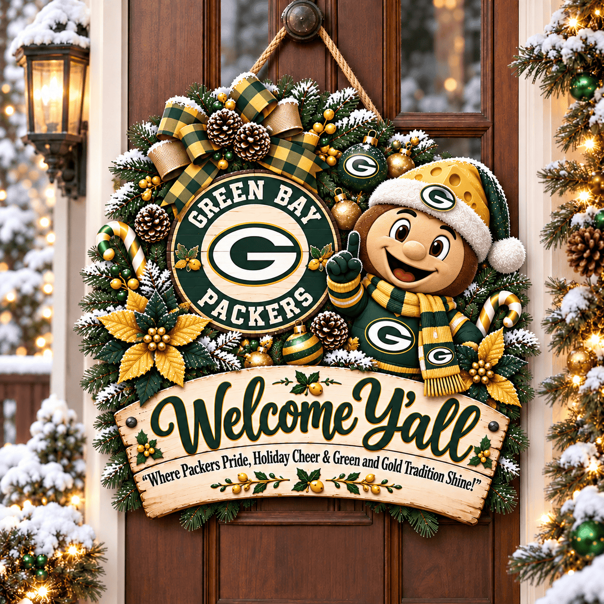 Green Bay Packers Mascot Christmas Welcome Door Hanger
