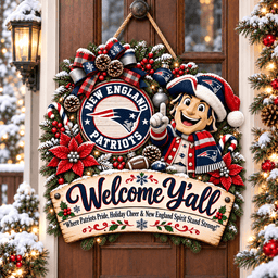 New England Patriots Mascot Christmas Welcome Door Hanger