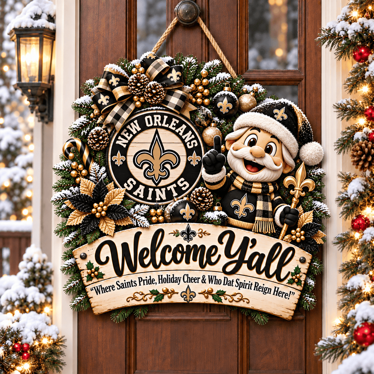 New Orleans Saints Mascot Christmas Welcome Door Hanger