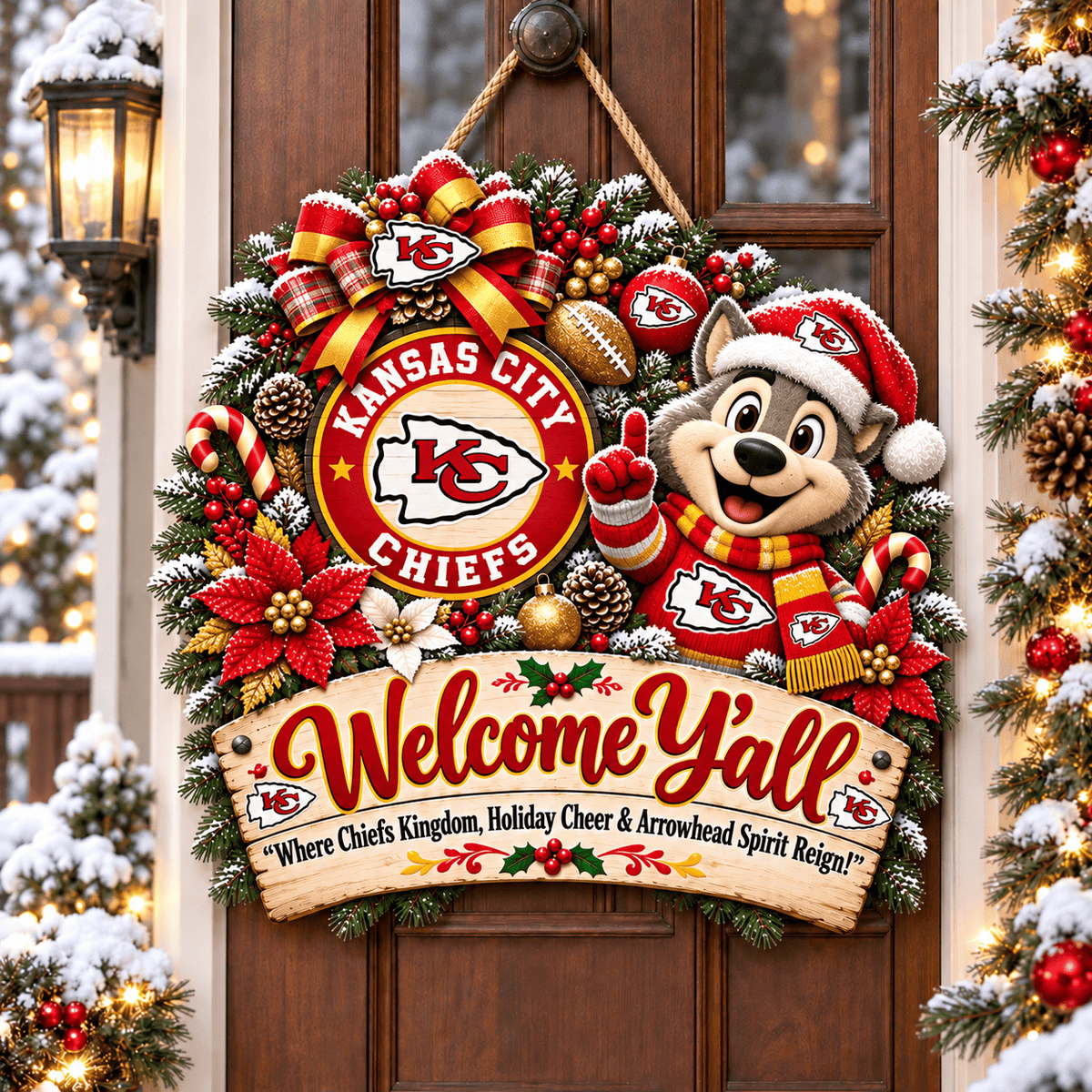Kansas City Chiefs Mascot Christmas Welcome Door Hanger