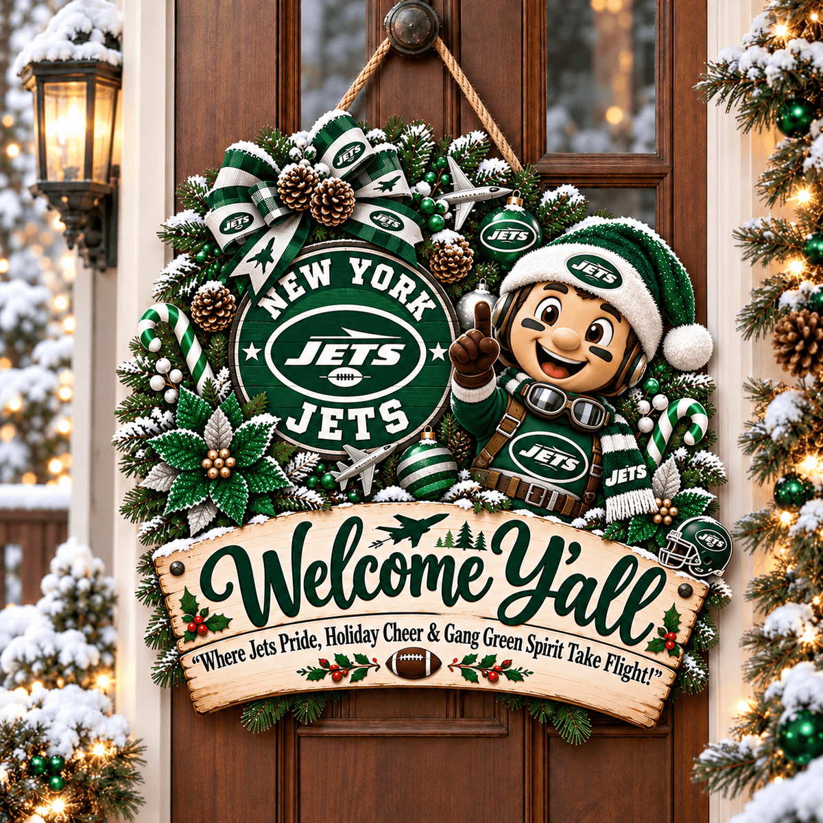 New York Jets Mascot Christmas Welcome Door Hanger