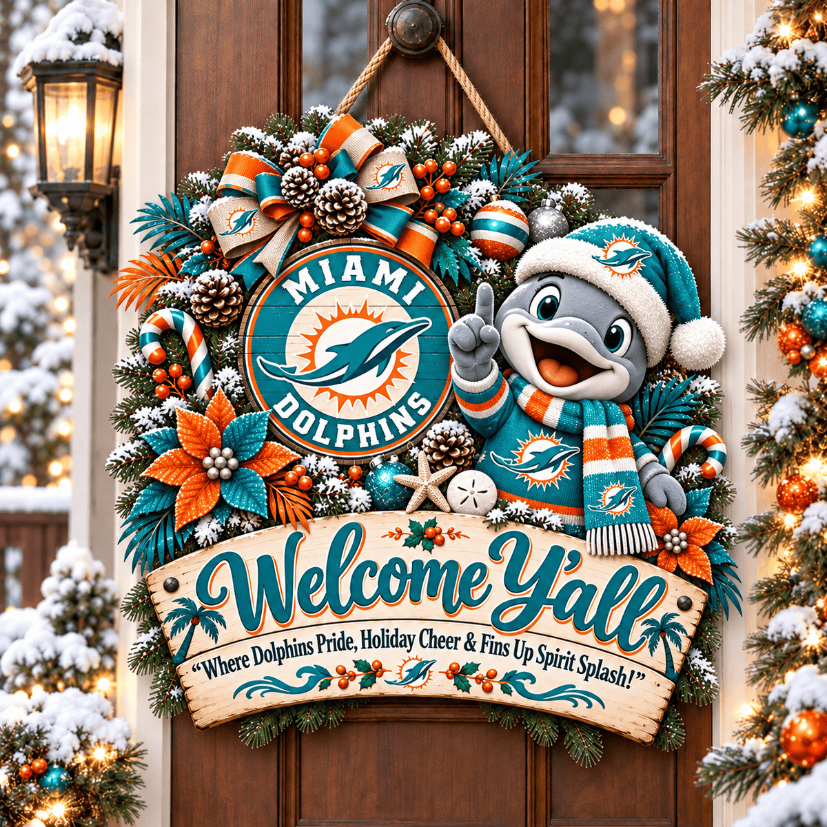 Miami Dolphins Mascot Christmas Welcome Door Hanger