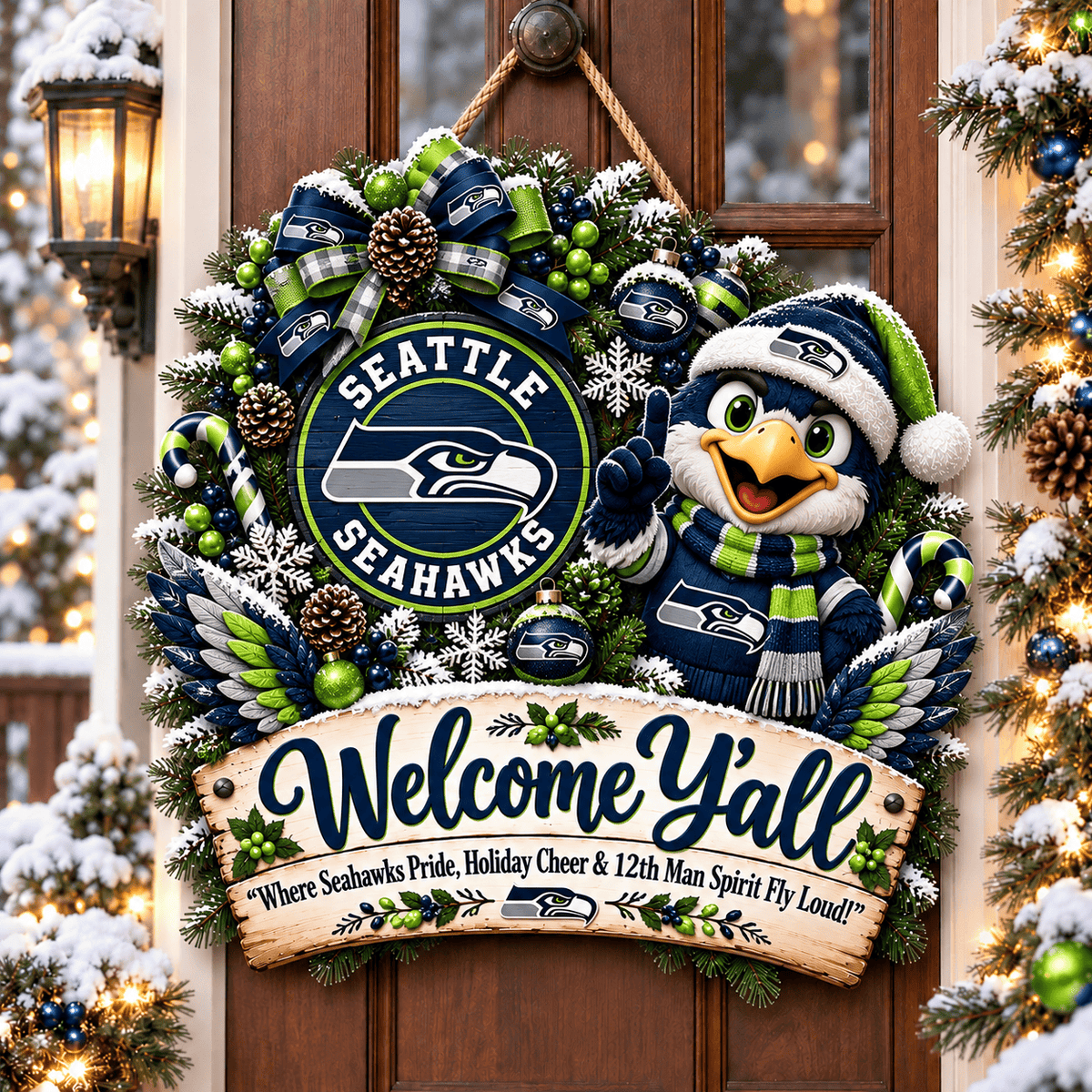 Seattle Seahawks Mascot Christmas Welcome Door Hanger
