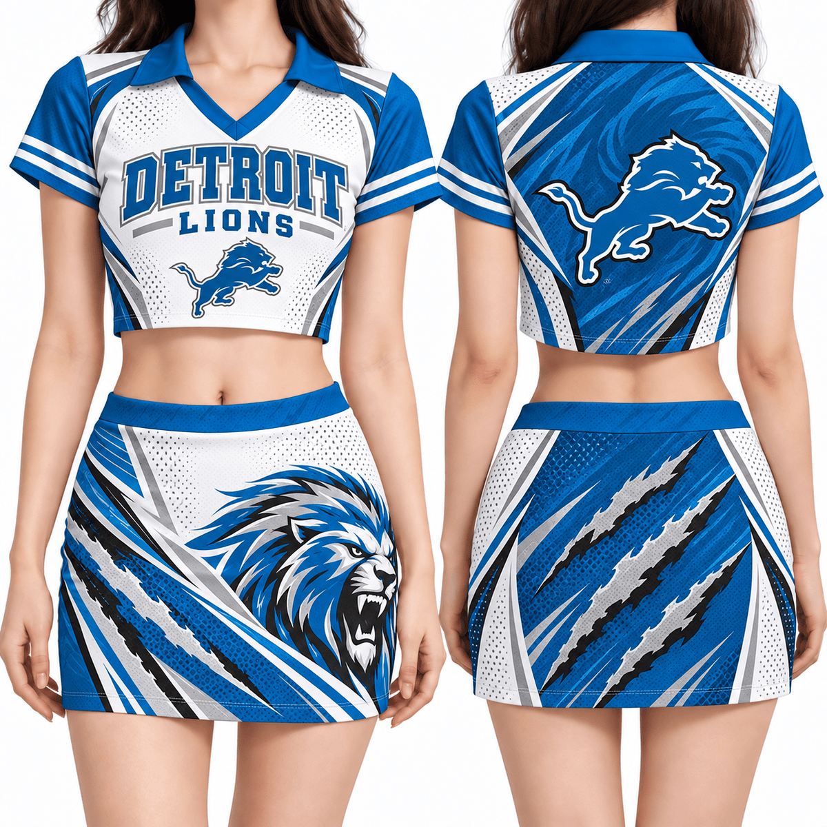 Detroit Lions Women's Cropped V-Neck Polo Jersey and Hip Skirt Dress Set