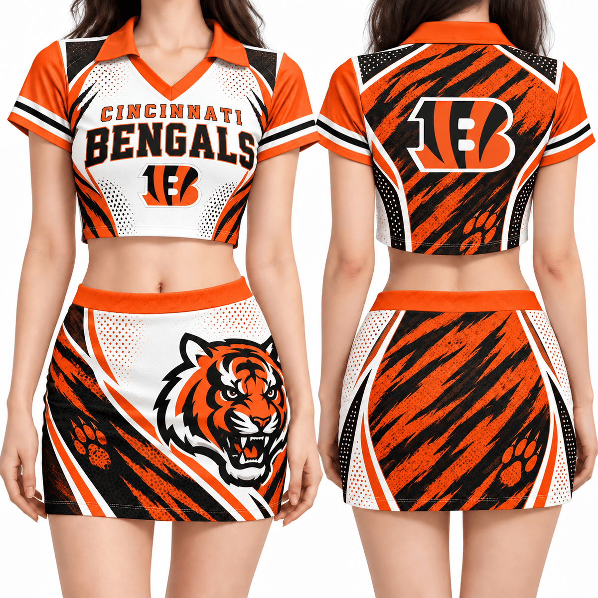 Cincinnati Bengals Women's Cropped V-Neck Polo Jersey and Hip Skirt Dress Set