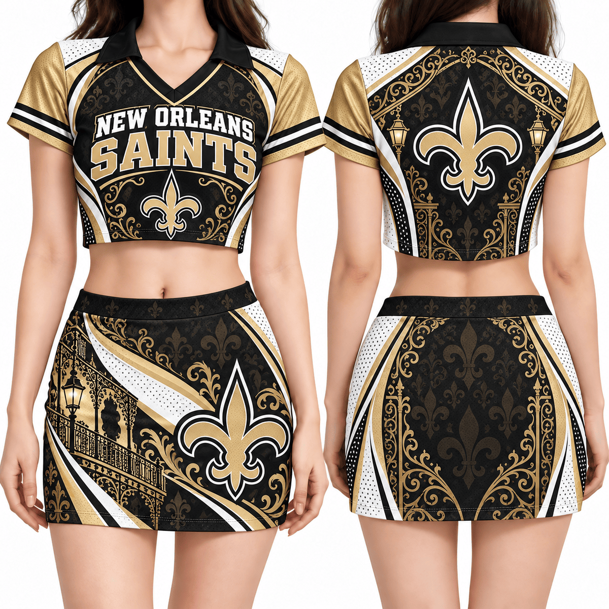 New Orleans Saints Women's Cropped V-Neck Polo Jersey and Hip Skirt Dress Set