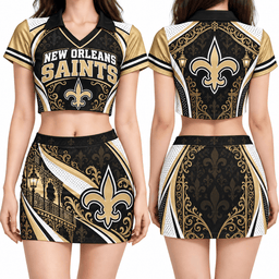 New Orleans Saints Women's Cropped V-Neck Polo Jersey and Hip Skirt Dress Set