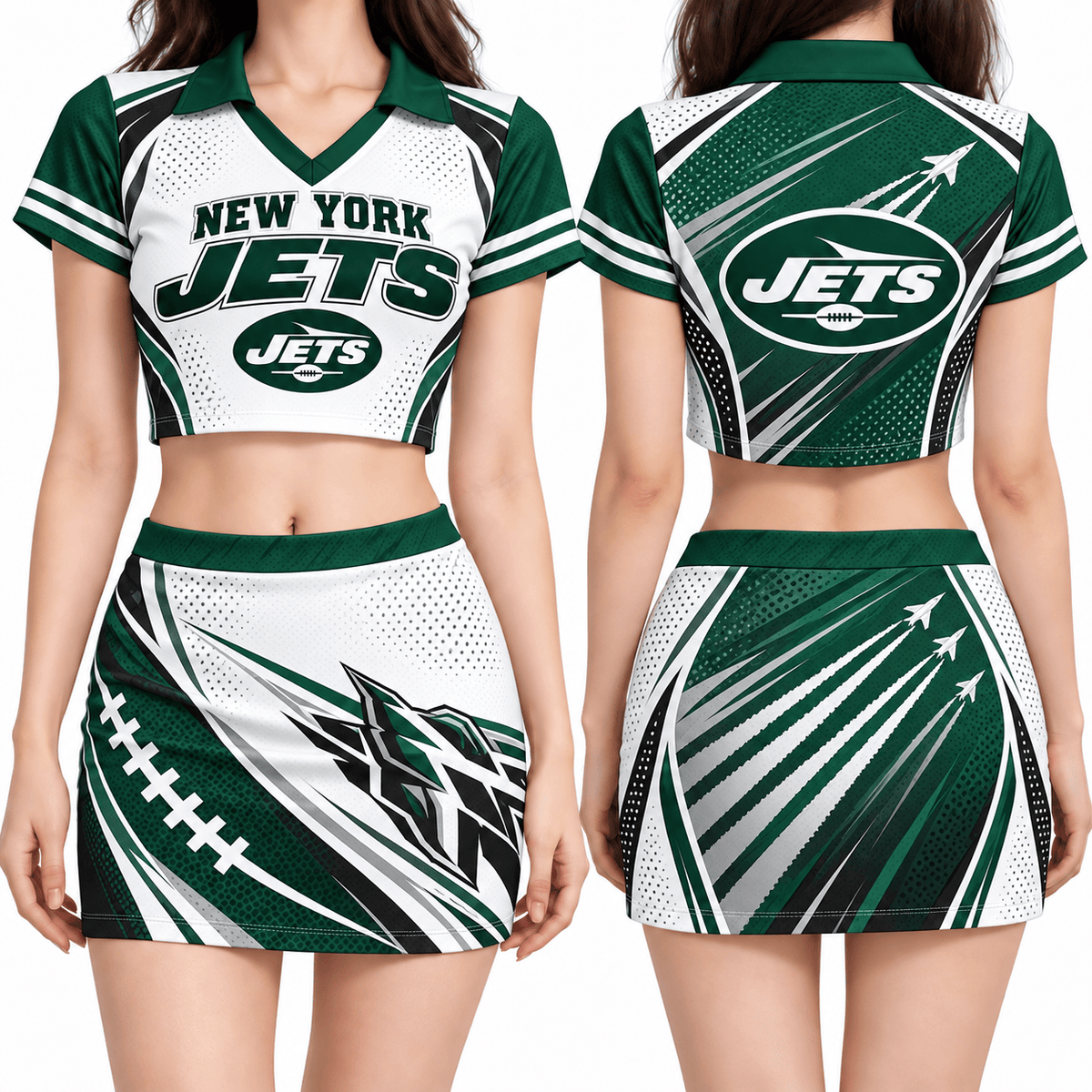New York Jets Women's Cropped V-Neck Polo Jersey and Hip Skirt Dress Set