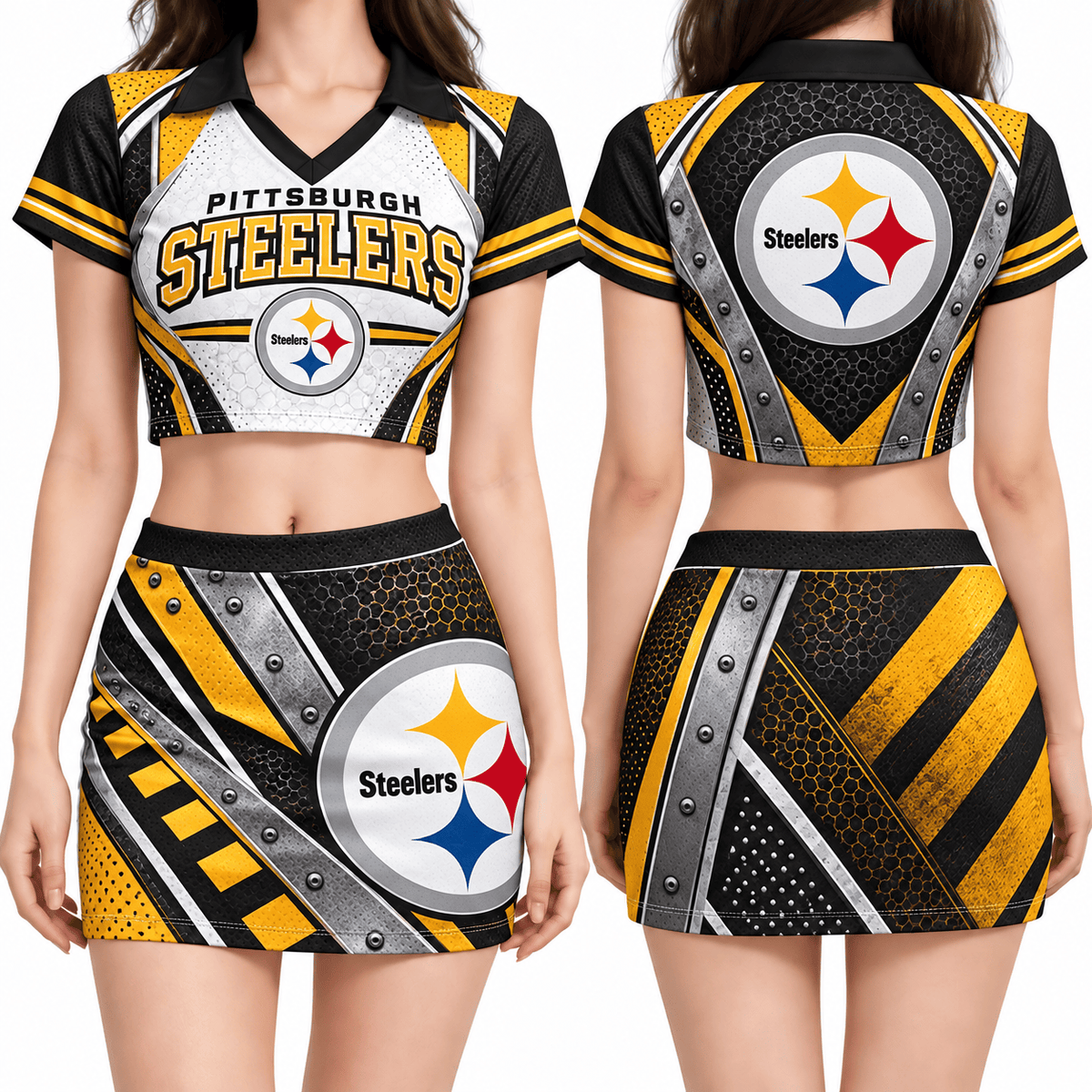 Pittsburgh Steelers Women's Cropped V-Neck Polo Jersey and Hip Skirt Dress Set