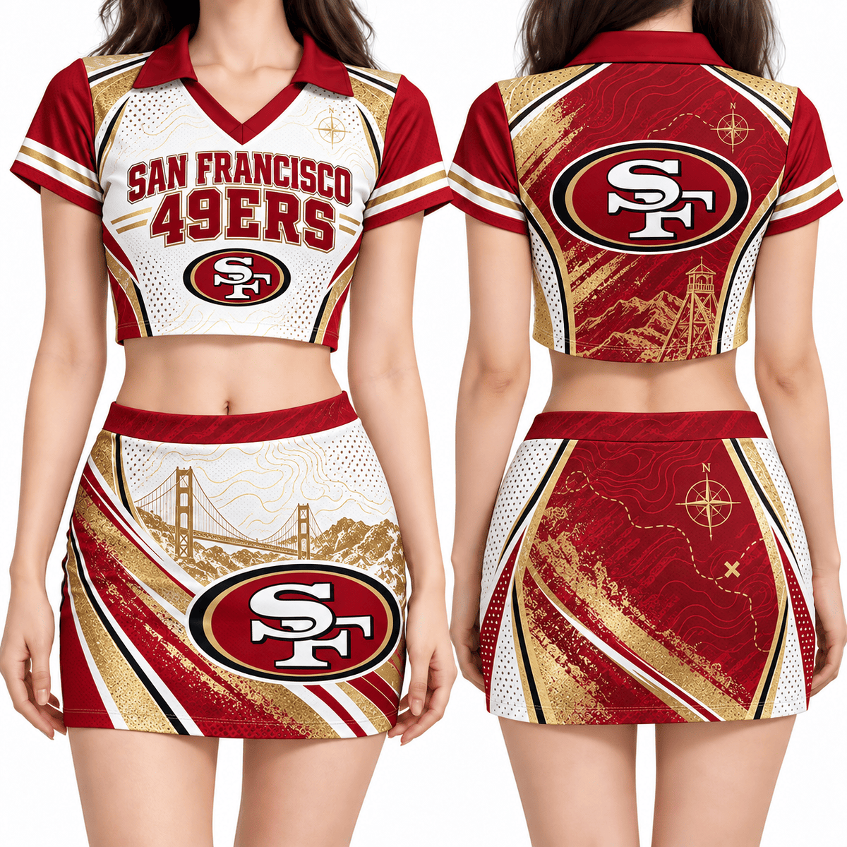 San Francisco 49ers Women's Cropped V-Neck Polo Jersey and Hip Skirt Dress Set
