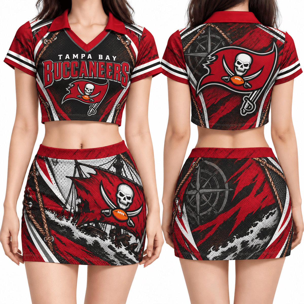 Tampa Bay Buccaneers Women's Cropped V-Neck Polo Jersey and Hip Skirt Dress Set