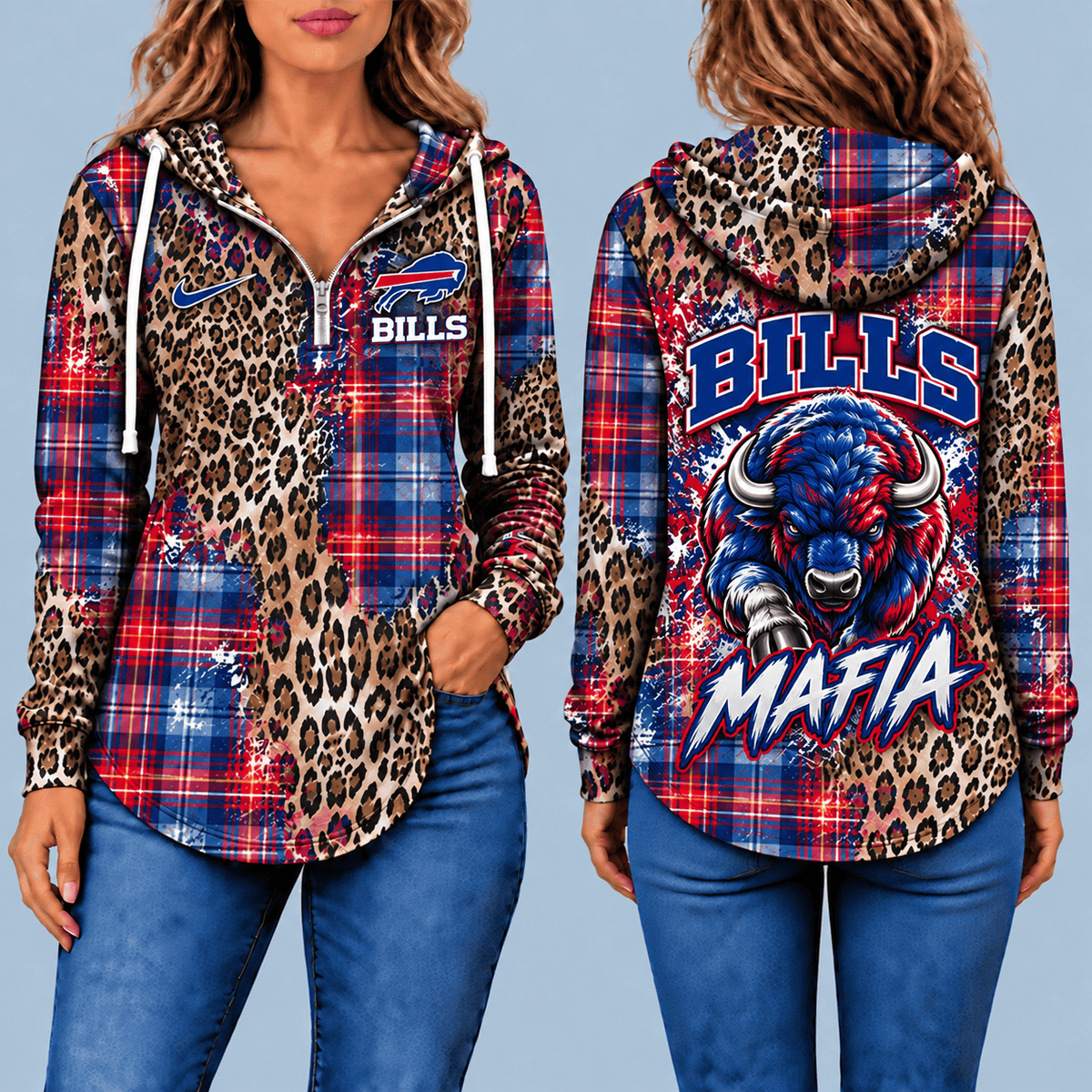 Buffalo Bills Leopard Plaid Pullover Half-zip Hoodie – Game Day Pullover