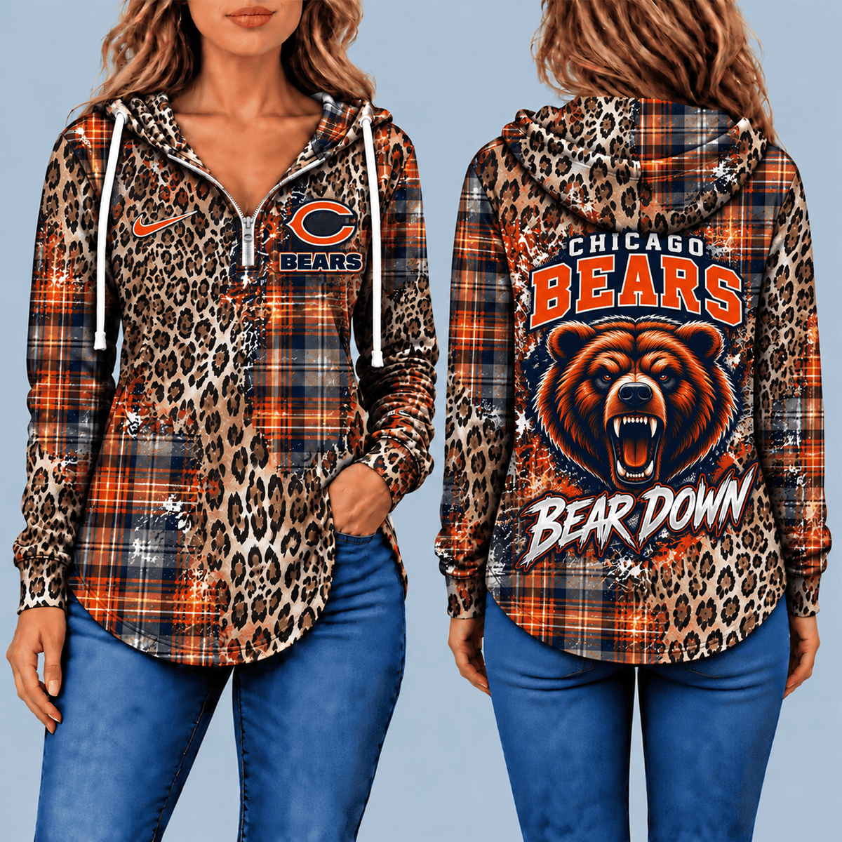 Chicago Bears Leopard Plaid Pullover Half-zip Hoodie – Game Day Pullover