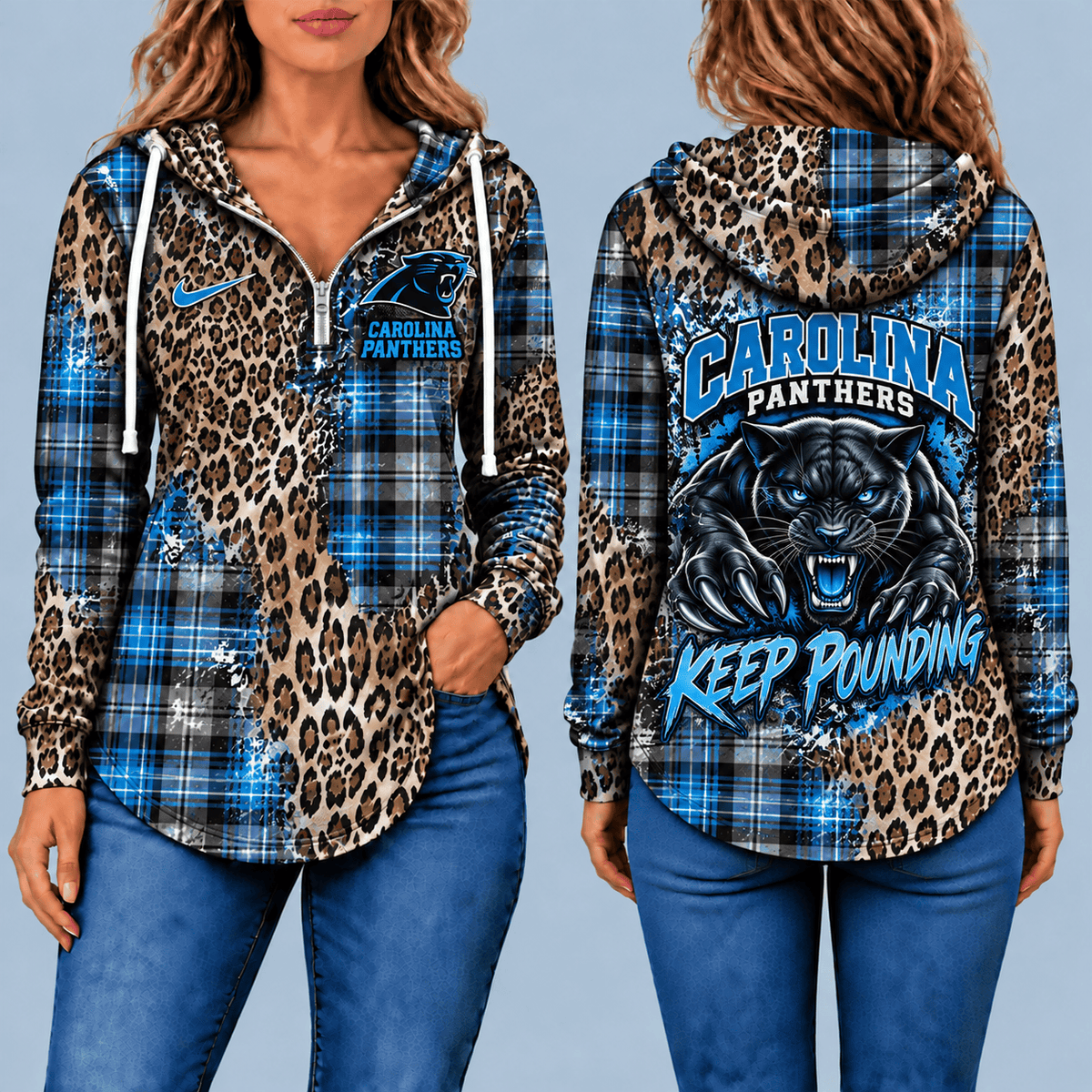 Carolina Panthers Leopard Plaid Pullover Half-zip Hoodie – Game Day Pullover